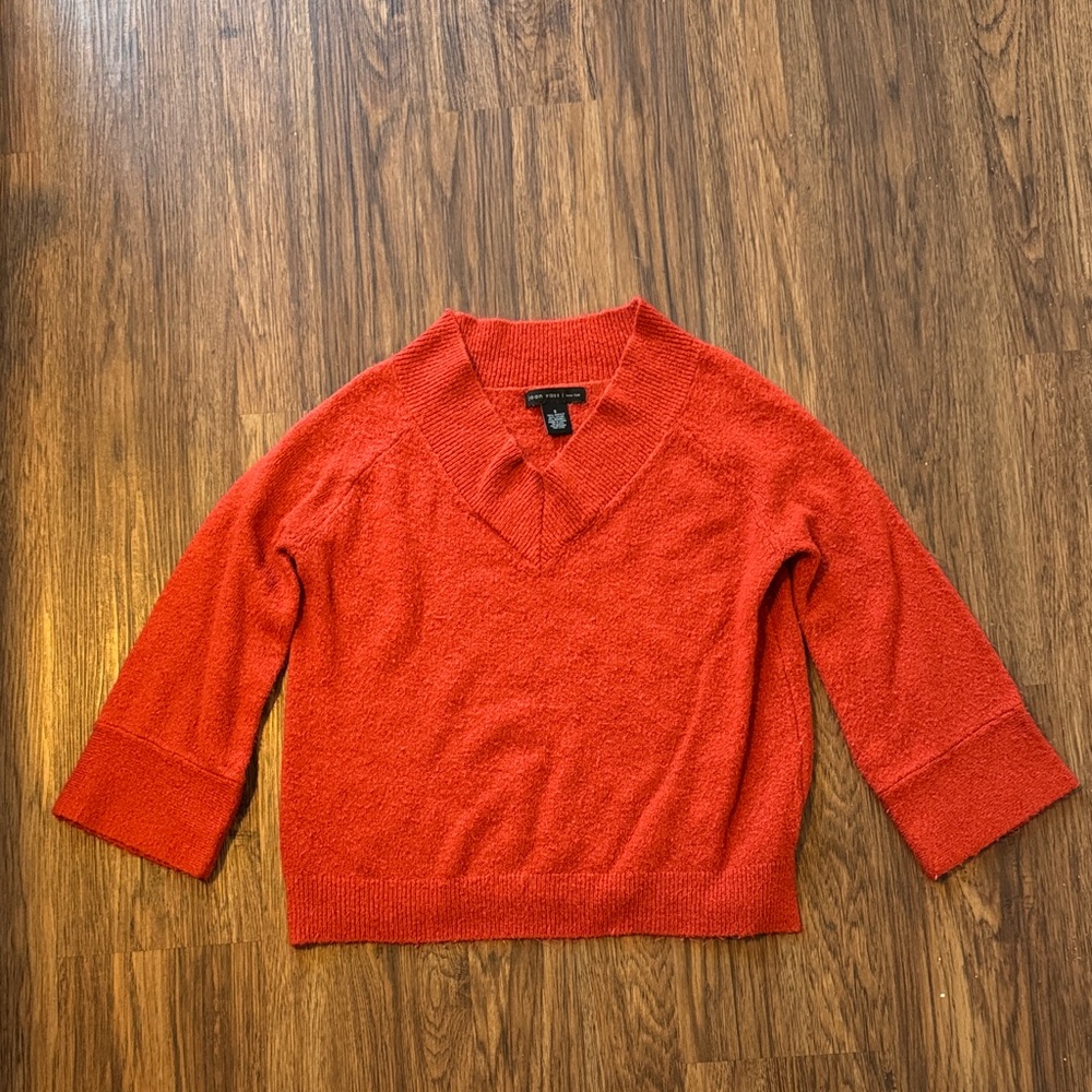 Joan Vass Vibrant Reddish Orange V-Neck Sweater